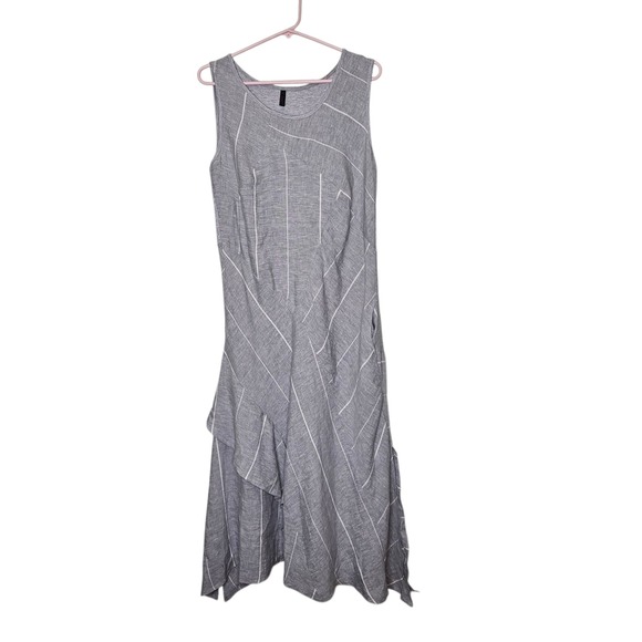 Inizio Italy Gray Striped Sleeveless Midi Dress Pocket Lagenlook Sustainable XL - Picture 1 of 9